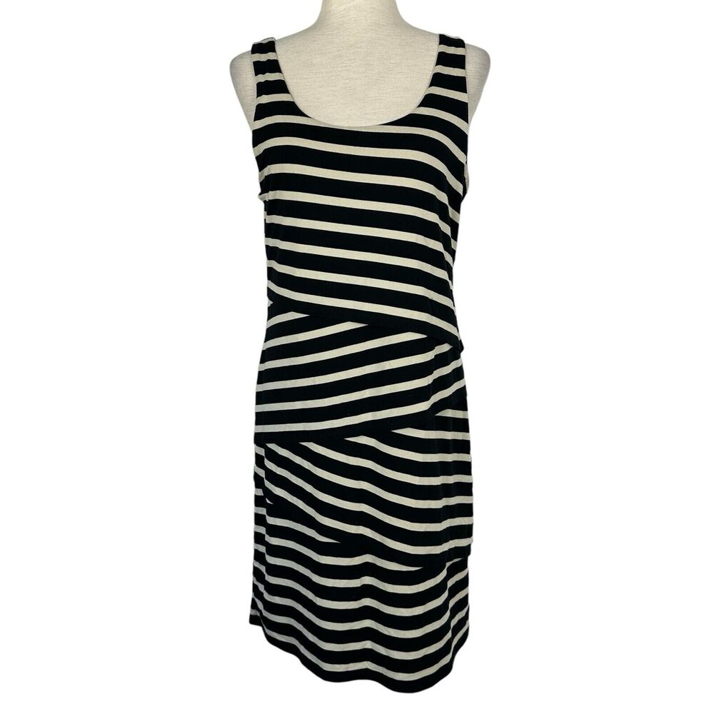 LOFT Black and White Striped Sleeveless Sheath Dress